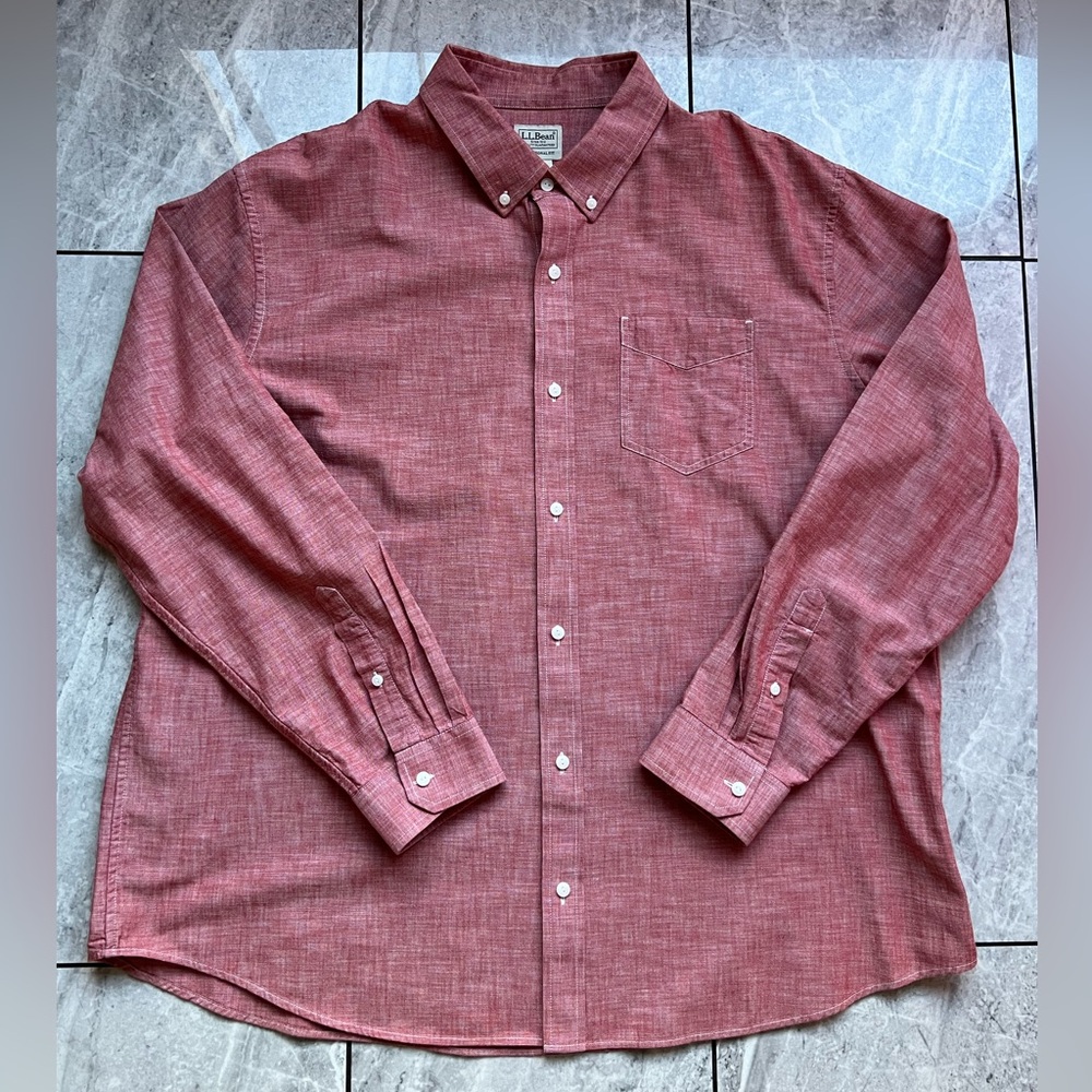 L.L.Bean Traditional Fit Mens Red Chambray 100% Cotton Long Sleeve Button Up 2XL